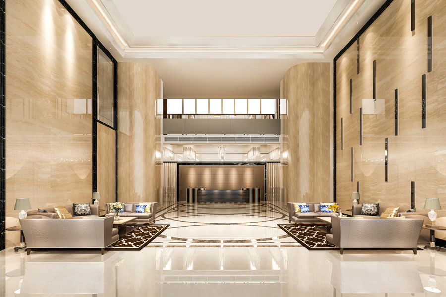 3D Rendering of Luxury Reception Hall Entrance and Lounge